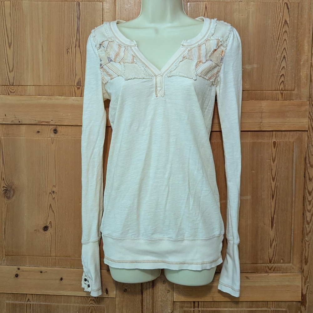Free People Cream Patchwork Studded Henley Long Sleeve Shirt Small